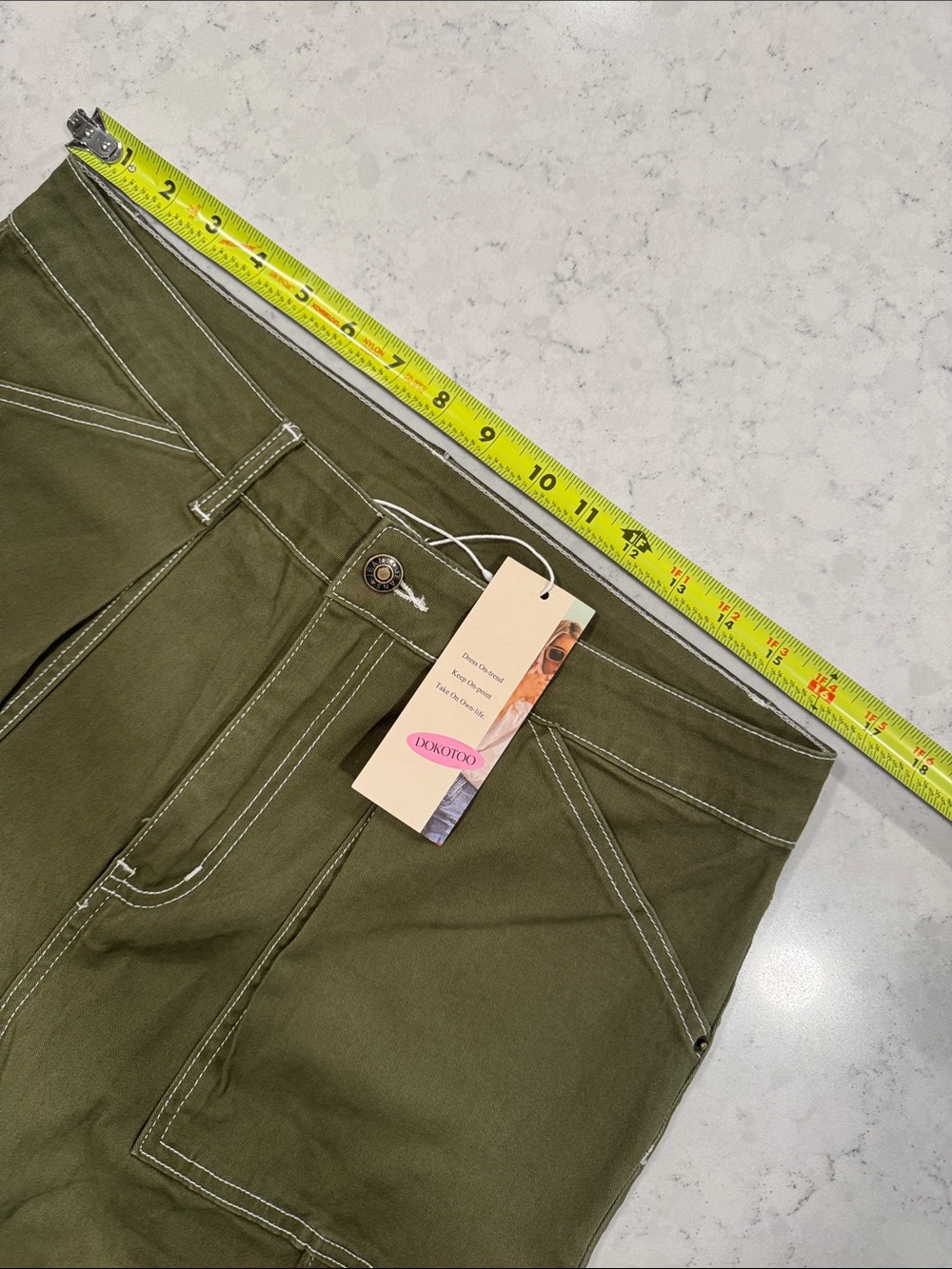 NWT DOKOTOO Sz 14 Olive Carpenter Utility Cargo High Waist White Stitch Stretch - Picture 15 of 16
